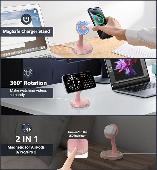 Magnetic Wireless Charger Stand 15W Fast Mag-Safe Charger for iPhone 17/17 pro/ 17 Air/ 17 pro max 16/15/14/13/12 Series Magnet Wireless Charging Station/Pad with Sleep-Friendly Light for AirPods