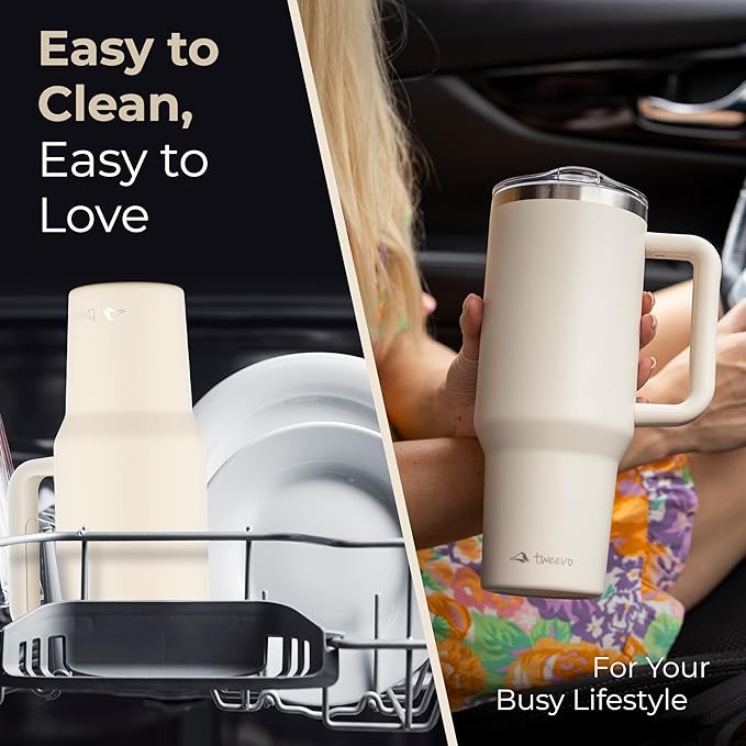 40 oz Tumbler With Handle and Straw Made of Stainless Steel - Double Wall Vacuum Insulated Tumbler With Lid - Sweat Proof Easy Grip, BPA-Free, Dishwasher Safe Tumbler (Cream)