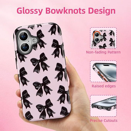 QLTYPRI Case for iPhone 16, Aesthetic Black Ribbon Bow Phone Case for Girls Women, Protective Hybrid 2-Layer Hard Shell Silicone Cover Durable Shockproof Phone Cover - Pink
