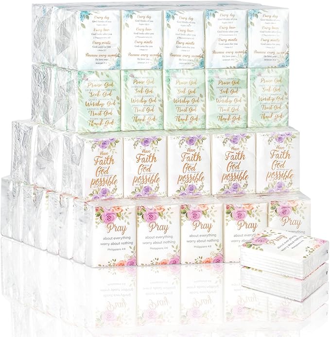 120 Pack Bible Theme Facial Tissues Individual Pack Bulk Christian Pocket Size Travel Kleenex with Floral Pattern for Holiday Graduation Ceremony Wedding Church Supplies 3 Ply