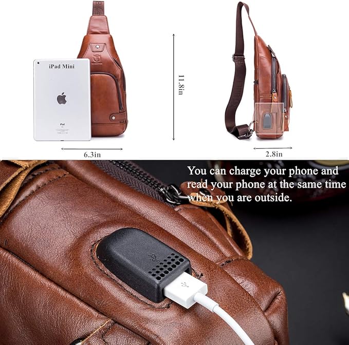 BULLCAPTAIN Genuine Leather Sling Bag with USB Charging Port Multi-pocket Chest Bag for Men Hiking Travel Daypack XB-129