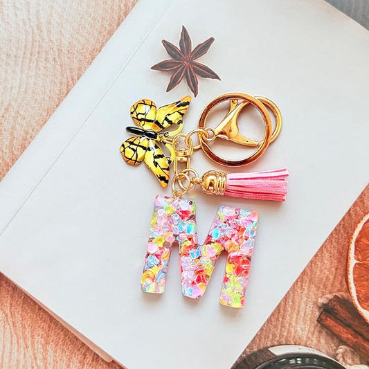 Cute Initial Letter Keychains for Girls Women with Tassel Butterfly Colourful Alphabet Keychain for Backpacks