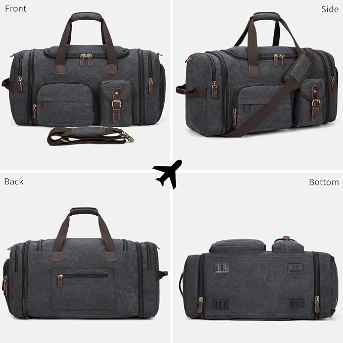 Mens Duffle Bag for Travel 60L Expandable Canvas Weekender Overnight Travel Duffel Bag with Shoe Compartment Carry-On for Airplanes Dark Gray