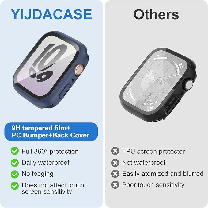 3 in 1 Waterproof Case for Apple Watch Screen Protector 45mm Series 9 8 7 Accessories Built-in Tempered Glass Film,Front and Back PC Hard Bumper 360° Protective Face Cover for iWatch 45mm
