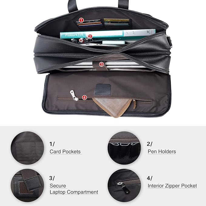 Polare 17'' Napa Leather Briefcase Laptop Attache Case Messenger Bag For Men Fits 15.6'' Laptop