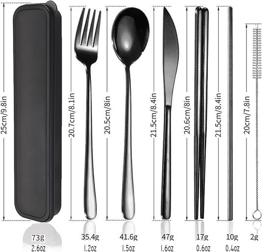AARAINBOW 6 Pieces 18/8 Stainless Steel Flatware Set Portable Reusable Cutlery Set Travel Utensils Set Including Chopsticks Knife Fork Spoon Straws Cleaning Brush Dishwasher Safe (Black)