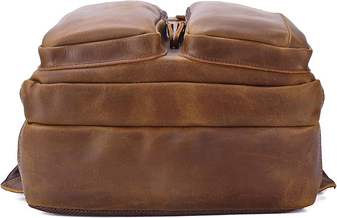 Polare 17.3 Inch Full Grain Leather Backpack for Men and Women Multi Pockets Business Travel Laptop Rucksack (Light Brown)