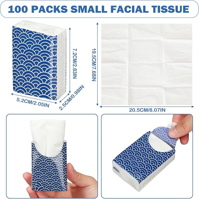 Therwen 100 Pack Pocket Tissues Travel Packs Bulk 1000 Sheet Mini Tissues Bulk 3 Ply Small Travel Size Paper Individual Pocket Size (Cool)