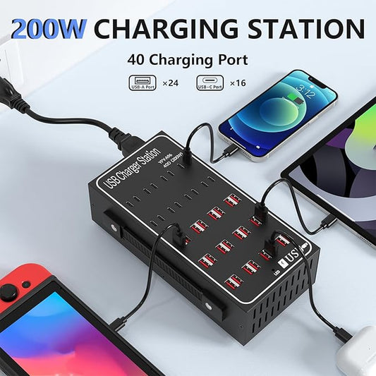Multiple USB Charging Station, RUANSZZ 40 Port 200 Watt (40A) USB~C Charger Block with Power Switch, Multiple USB Desktop Charger Station, Suitable for Shops, Hotels, Schools, Shopping malls