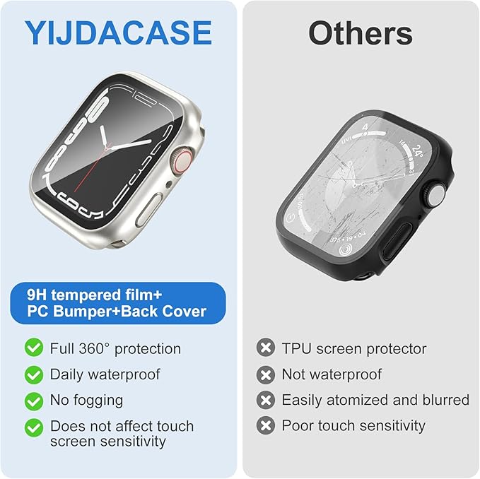 3 in 1 Waterproof Case for Apple Watch Screen Protector 41mm Series 9 8 7 Accessories Built-in Tempered Glass Film,Front and Back PC Hard Bumper 360° Protective Face Cover for iWatch 41mm