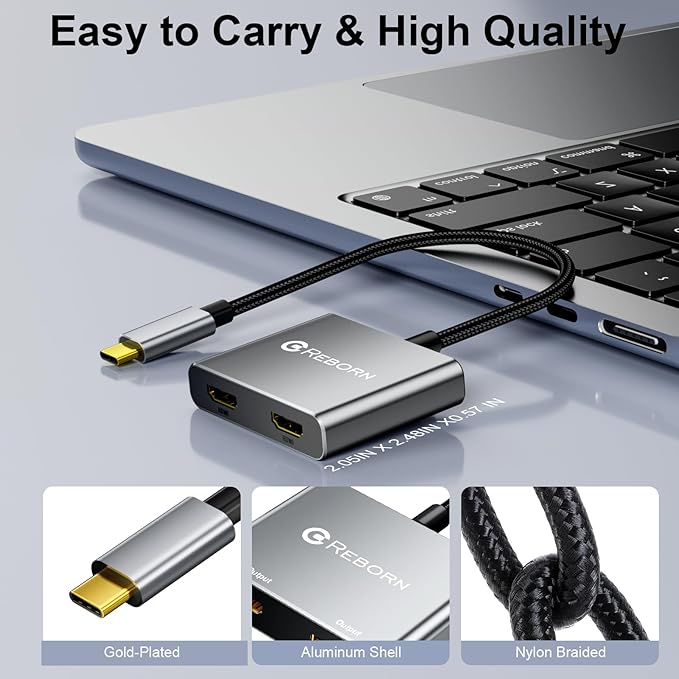 USB C to Dual HDMI Adapter | 4K@60Hz HDMI Splitter Extended Display for Dual Monitors, Type C Converter for Windows/macOS, Windows Allows 3 Separate Screens, macOS Only Allows Mirror Mode