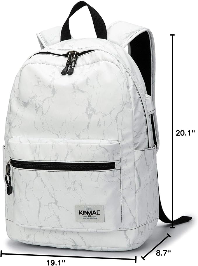 Kinmac Water Resistant Laptop Travel Outdoor Backpack with USB Charging Port for 13 inch 14 inch and 15.6 inch Laptop (White Marble)