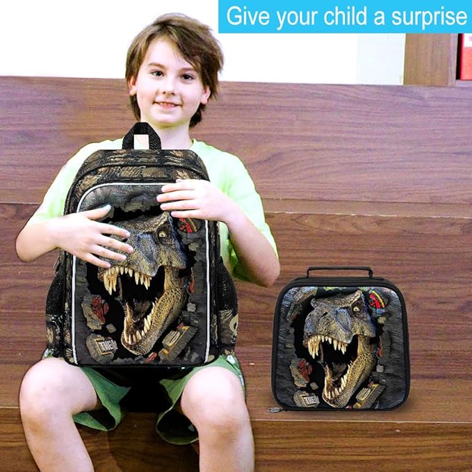 16" Boys Backpack, Dinosaur Kids Bookbag with Lunch Box, 3Pcs Dino School Backpacks for Elementary Preschool Kindergarten (Black)