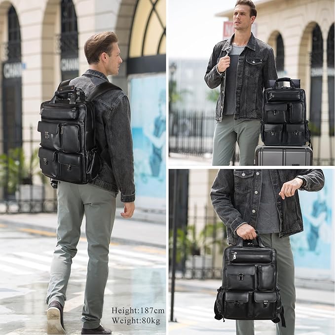 Masa Kawa Black Leather Backpack for Men 15.6 Inch Laptop Bag Multi Pockets Casual Work Business Travel Daypack