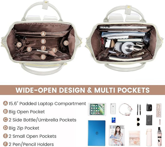 LOVEVOOK Leather Laptop Backpack for Women 17 inch,Travel Backpacks Purse Nurse Teacher Backpack Computer Laptop Bag,Professional College Business Work Bags Carry On Backpack with USB Port,Beige White