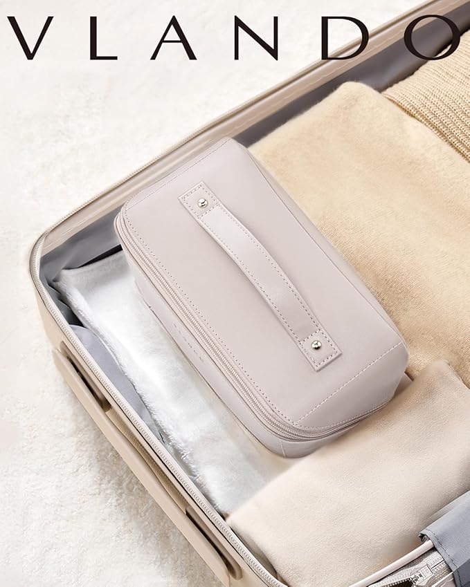 Vlando Travel Makeup Bag,Teacher Appreciation Gifts,Large Capacity Toiletry Bag for Women Wide Open Cosmetic Organizer with Divider and Handle(White)