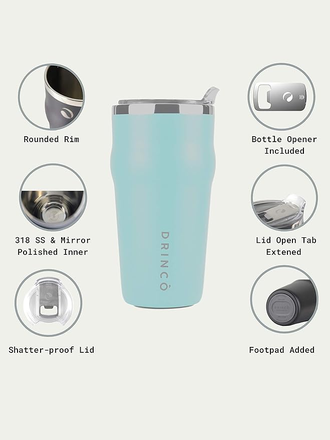 Drinco 20oz Stainless Steel Tumbler, Vacuum Insulated Tumbler Pint Glass Beer Mug with Built-in Bottle Opener, THOR (20oz Beer Tumbler, Aquamarine)