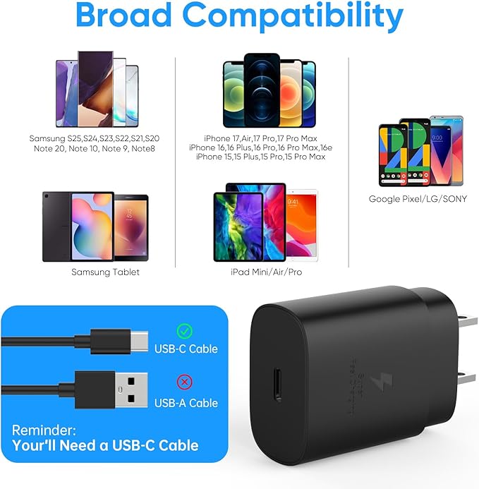 Super Fast Charger Type C, 25W USB C Wall Charger Fast Charging for Samsung Galaxy S24 Ultra/S24/S24+ /S23 Ultra/S23 /S22 Ultra/S22/S21 Ultra/S20 /Note 10 20 with 8ft Type C Charger Cord 2Pack