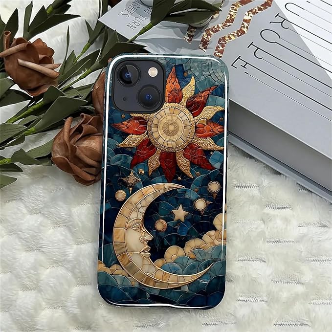 Case for iPhone 15 Case,Sun Moon Stars Faux Stained Glass Design - Hybrid Dual Protection Silicone + Hard PC Shockproof Full Body Cover Slim Anti-Scratch Protective Case for Men Women