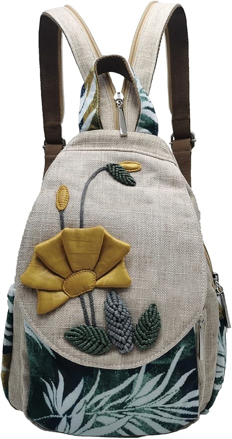 HUANGGUOSHU Women Cotton Woven Bohemian Hemp Boho Canvas Embroidery Multi Pocket Retro Cute Backpack Wallet Backpack(Piranha)