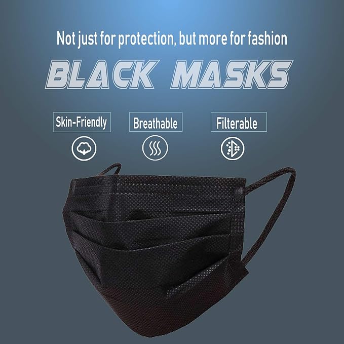 Wecolor Disposable 3 Ply Earloop Face Masks, Suitable for Home, School, Office and Outdoors (Black)