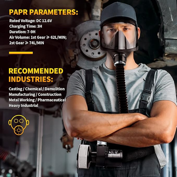 HANUU PAPR, Powered Air Purifying Respirator, Portable PAPR Respirator System, PAPR Respirator with 40mm Gas Mask Filters, Supplied Air Respirator for Industry, Gas Mask for Gases Resin Paint