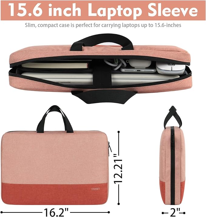 Ytonet Laptop Sleeve Case 15.6 Inch, Water Resistant Laptop Cover TSA Travel Business Computer Carrying Case with Handle, Compatible with HP Dell Lenovo Asus Notebooks, Gifts for Women, Coral Pink