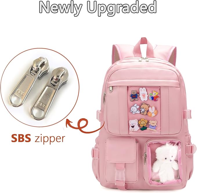 Kawaii Backpack for Teen Girls, Cute Aesthetic High Middle School College Bookbag with Accessories, Pink
