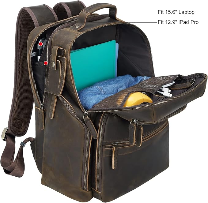 TIDING Men's Vintage Leather 15.6" Laptop Backpack Multi Pockets Travel Rucksack Business Overnight Daypack