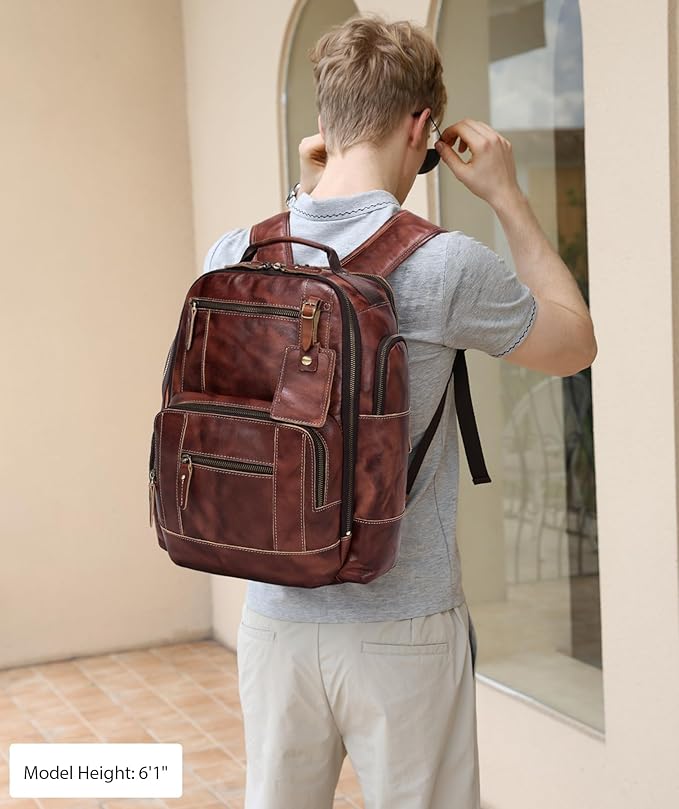 LANNSYNE Full Grain Leather Backpack For Men, Fits 16" Laptop, Coffee