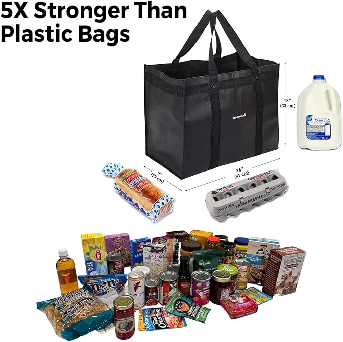 Homemell Heavy Duty Reusable Grocery Bags, Large Collapsible Tote Bag Holds 100 LBS, Extra-Strength Premium Material (Black, 6-Pack)