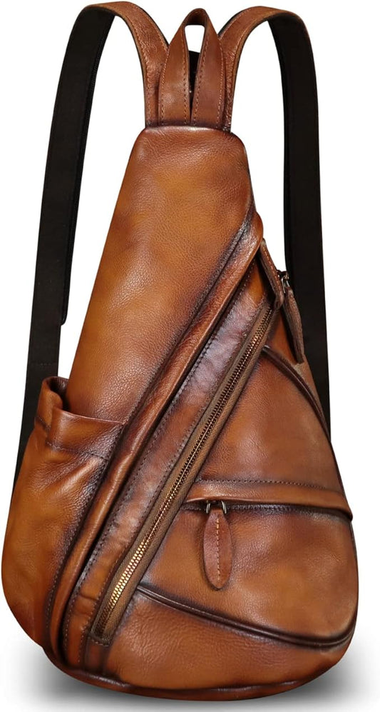 Genuine Leather Sling Bag for Men and Women Leather Sling Backpack Purses Chest Bag Crossbody Shoulder Fanny Bag