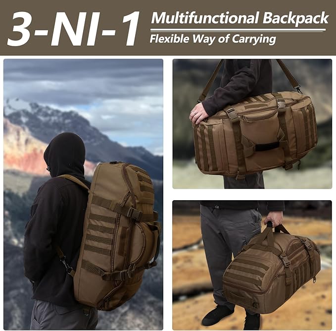 65L Large Duffle Bag, 3-in-1 Tactical Backpack MOLLE Pack for Sports, Gym, Outdoor, Dark Brown