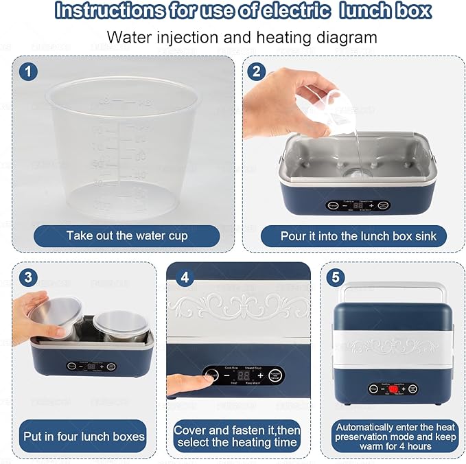 Electric Heated Lunch Box for Adults, 2.4L Portable Fast Heating Lunch box with 4 pcs-Food Container,110v Double Steam Electric Food Warmer for Work, Travel, Vegetarians