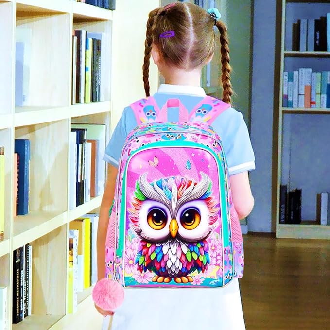 3Pcs Backpack for Girls, 16" Kids Bookbag with Lunch Box, Owl School Backpacks Set for Elementary Preschool Kindergarten(Pink)