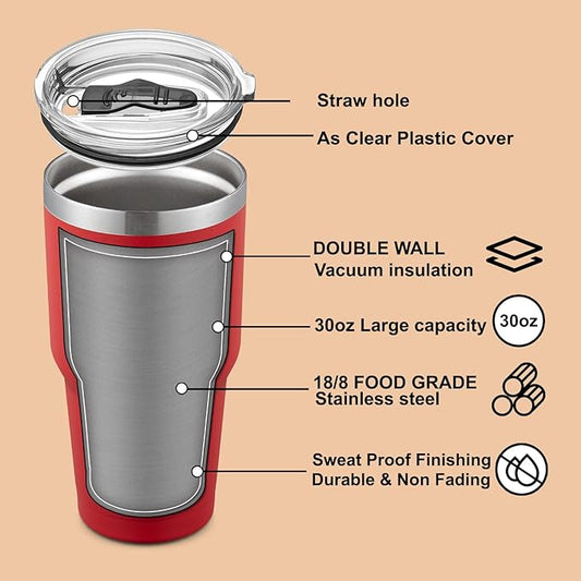 COMOOO 30oz Tumbler Stainless Steel Insulated Tumbler with Lid Double Wall Vacuum Coffee Cup Large Travel Mug for Home, Office, School,Party (Red, 8 Pack)