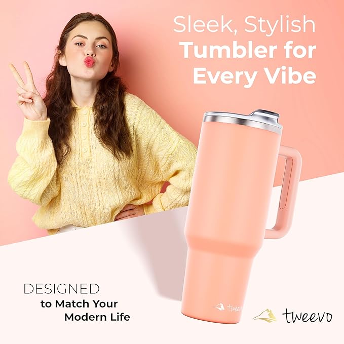 40 oz Tumbler With Handle and Straw Made of Stainless Steel - Double Wall Vacuum Insulated Tumbler With Lid - Sweat Proof Easy Grip, BPA-Free, Dishwasher Safe Tumbler (Peach)