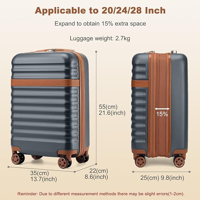 Kono Airline Approved Carry On Luggage 22x14x9 inches, with TSA Lock, 20 Inch Expandable Lightweight Hardshell Suitcase (Grey brown, Suitable for 1-3 Days of Travel)