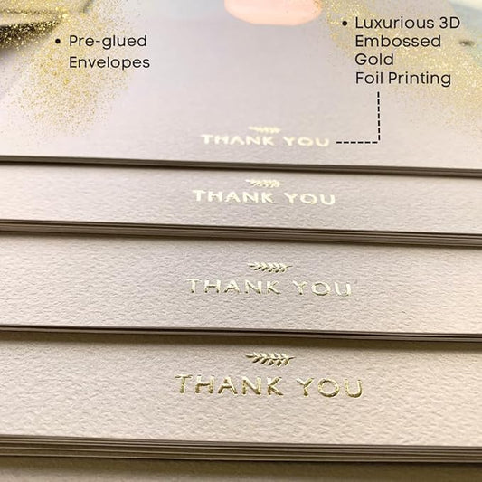 RUN2PRINT (36 Pack) Thank You Cards With Envelopes & Gift of 36 Foiled Stickers - Elegant Emboss Rose Gold Foil Pressed Blank Notes Wedding All Occasion Cards (Beige)