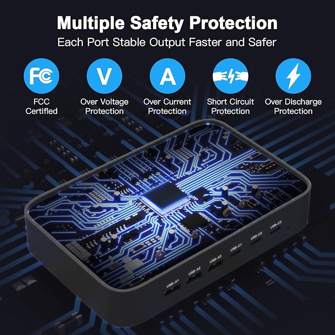 MSTJRY 90W 6-Port USB C Fast Charging Station for Multiple Devices, Multi PD Charger Station for iPhone iPad Tablet Phone, Charging Dock Organizer with Adjustable Dividers for Home Office Classroom