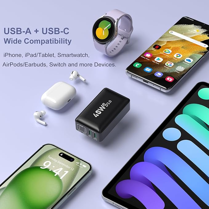 Flat USB C Charger Block, OKRAY 3-Pack 40W 4-Port QC&PD3.0 Fast Charging Brick with Foldable Wall Plug Slim Type C Android Charger Multiport Power Adapter for iPhone 16 15 14 13, Galaxy S25, Pixel 9 8