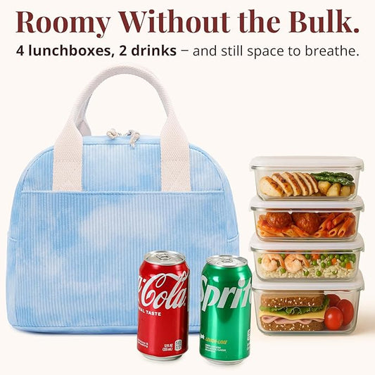 Insulated Sky Blue Lunch Bag for Women, Stylish Corduroy Tote with Aluminum Lining, Large Capacity Reusable Cooler for Work, Travel, or Beach, Beige Cream Water-Resistant Lunch Box