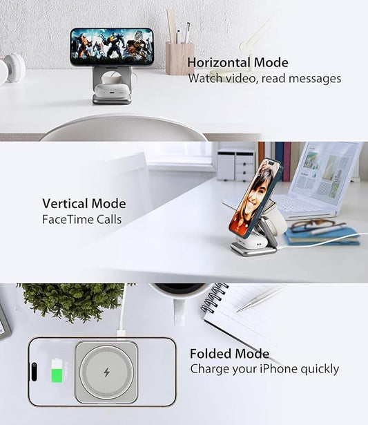 Foldable 3 in 1 Charging Station for Apple, X40 Aluminum Alloy Magnetic Wireless Charger, Portable Travel Charger for iPhone 16 15 14 13 12 Series, AirPods 3/2/Pro, iWatch-Titanium