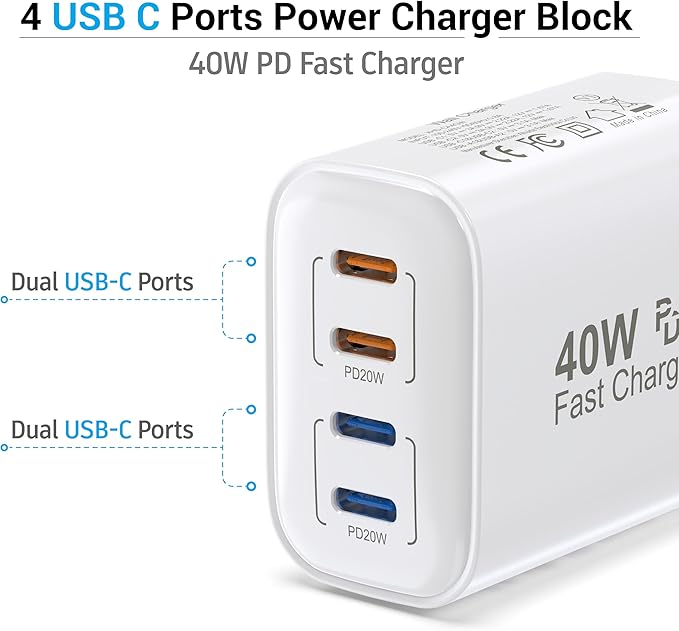 40W USB C Charging Block, 4 USB C Ports, Type C Wall Plug Fast Charger Cube, Power Adapter Box for iPhone 16, 15, 14, 13, 12, 11, Galaxy Phones, Watch, Tablet, Smartphones (White 2Pack)