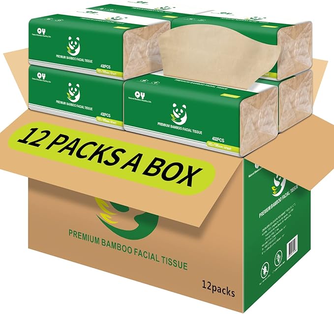 Soft Durable Bamboo Facial Tissues - 3 Ply Natural Unbleached Facial Paper Dry or Wet Use 12 Packs(134 Tissue per Pack, 1608 Tissues Total)
