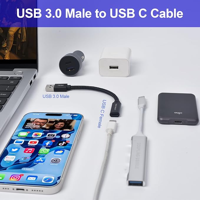 USB to USB C Adapter, Transfer up to 10Gbps,USB to Type C Charger Cable Adapter,Compatible with MacBook/iMac/iPad/iPhone 15 Series, Galaxy Note S24 Series(2pcs Black)