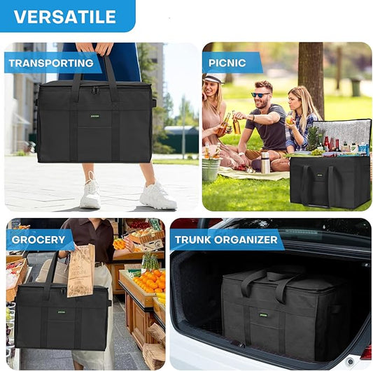 JUNGYOON 2-Pack Heavy-Duty Insulated Grocery Bags & Picnic Basket – Collapsible Cooler Bag with Zippered Top | Reusable Shopping Bags for Groceries, Picnics, Easy Storage(XL Black)