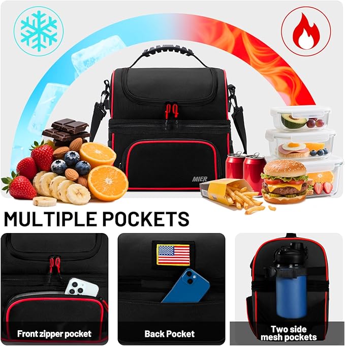 MIER Dual Compartment Lunch Bag Tote with Shoulder Strap for Men and Women Insulated Leakproof Cooler Bag, Black/Red