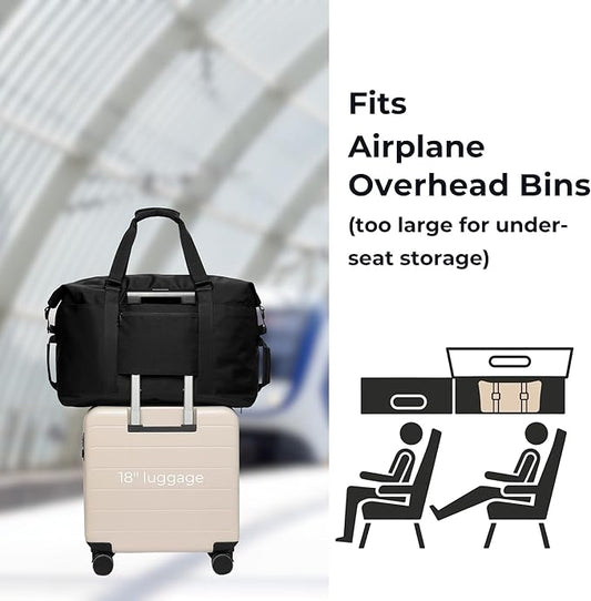 SUNNY BIRD Duffel with Utility Pouch, 40L Weekender Overnight Bag with Shoe Compartment for Travel and Sports (Black)