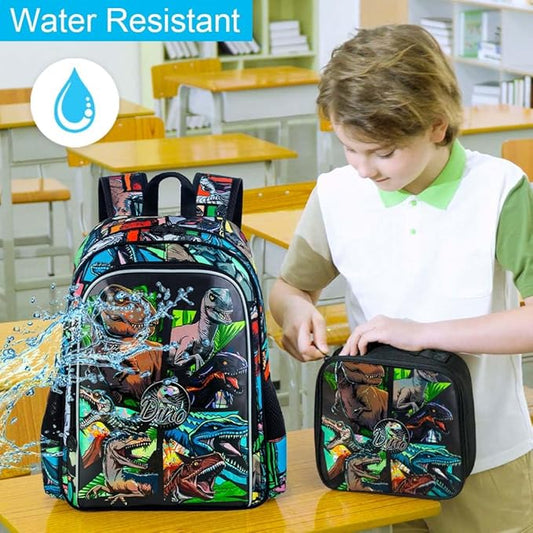 CCJPX 3PCS Dinosaur Backpack for Boys, 16 Inch Water Resistant Preschool Bookbags, Cool Kindergarten School Backpacks and Lunch Box